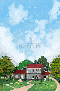 右上欧式箭头插画图片_乡村天空欧式房屋背景通用风景