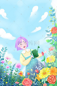 的小女孩插画图片_原创劳动节花园浇花的小女孩手绘插画