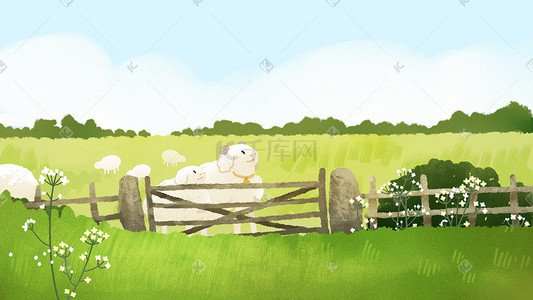 农家栅栏插画图片_秋天草地羊群栅栏少数民族放牧