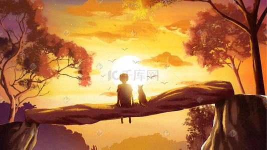 黄色背景框插画图片_秋天夕阳男孩与小猫治愈山谷天空云太阳大雁背景