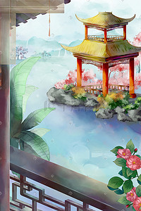 澳门园林插画图片_中国风古风建筑水榭芭蕉园林夏季山水