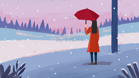 看风景的女孩插画图片_下雪天户外看风景的女孩