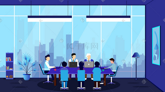 会议展板蓝色插画图片_办公室商务会议插画科技