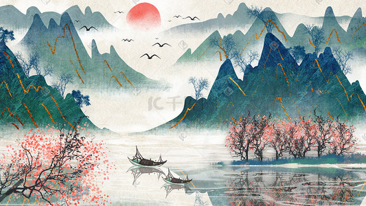 家园河流插画图片_中国风水墨风山川河流风景配图