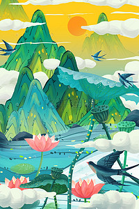 浪花手绘插画图片_山水风景手绘插画背景