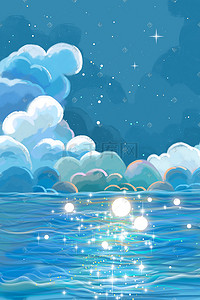 海洋插画图片_天空蓝天云夜晚星空星星大海唯美治愈背景