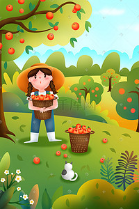 猫咪耳朵卡通插画图片_秋收大丰收果园摘果子女孩猫咪果树
