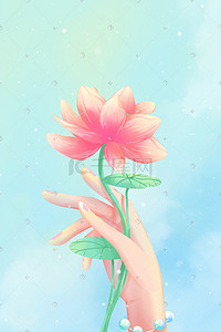 白色的小手插画图片_蓝色唯美卡通小清新春季夏季粉色花卉配图