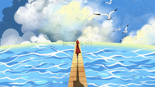 天空海洋卡通插画图片_蓝色卡通手绘治愈海鸥海洋海天空蓝天云阳光背景