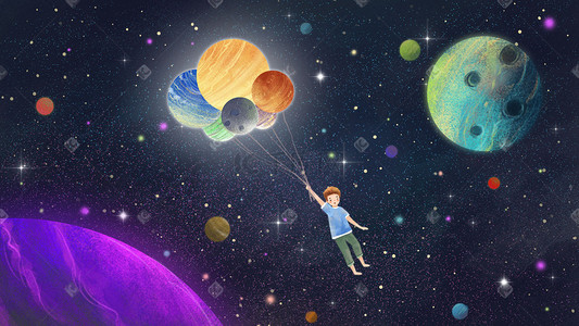音符漂浮插画图片_宇宙背景之男生与星球漂流