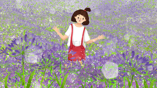 玩耍旅游插画图片_花季紫色花海中玩耍