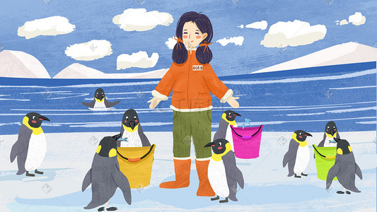招牌套餐插画图片_动物企鹅训练师驯养员治愈系