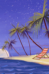 夜景景插画图片_夏日里海边沙滩夜景