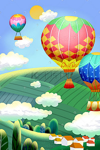 女孩热气球插画图片_绿色系卡通手绘风小暑夏日热气球配图