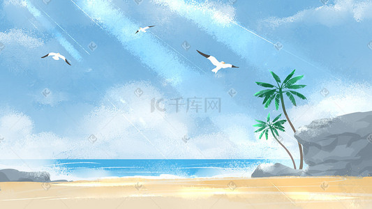 背景海滩插画图片_夏天阳光海岸沙滩蓝天白云插画背景