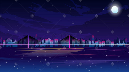 昌平大桥插画图片_夜色系现代城市大桥星空月亮海面背景