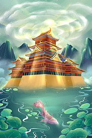 中国风大气场景水上城楼手绘插画