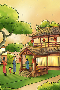 国风古代建筑插画图片_新中国风古代建筑庭院赏玩