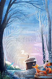 冬季小雪插画图片_小雪冬天小狐狸雪地场景