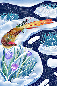 大雪夜晚雪地里的鸟手绘插画