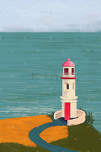 平静海面海滩边的小塔风景质感插画