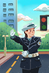 警察执勤插画图片_职业形象警察交警交通指挥红绿灯幸苦工作