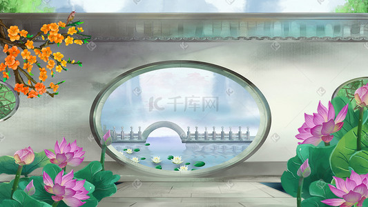 几何圆形边框插画图片_中国风圆形拱门园林山水庭院荷花夏季风景