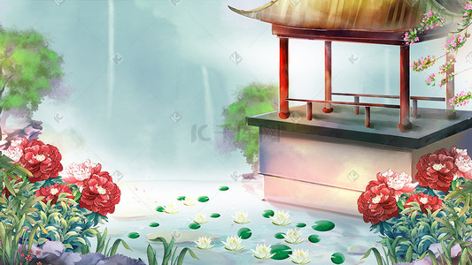 园林形状插画图片_中国风国色牡丹园林睡莲夏季山水风景