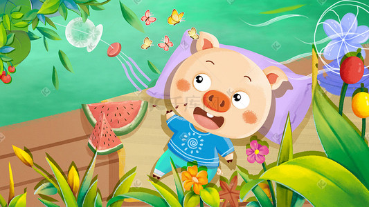 小暑大暑夏景肌理绿色小猪吃西瓜吹风扇