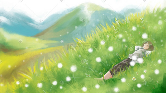 女孩草插画图片_唯美躺在草坪里的女孩