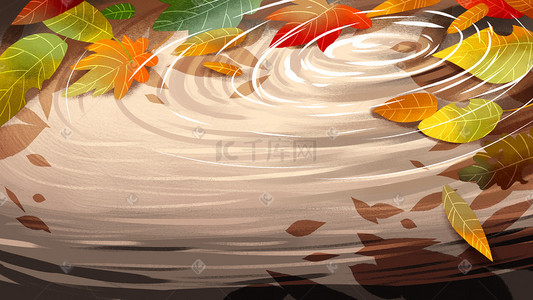 水波纹插画图片_棕色系落叶水面水波纹枫叶背景