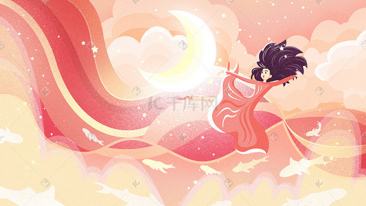 红色天空插画图片_梦幻红色新年女孩月亮星星天空云彩