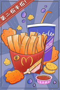 快餐快餐插画图片_炸鸡薯条快餐涂鸦风格美食配图