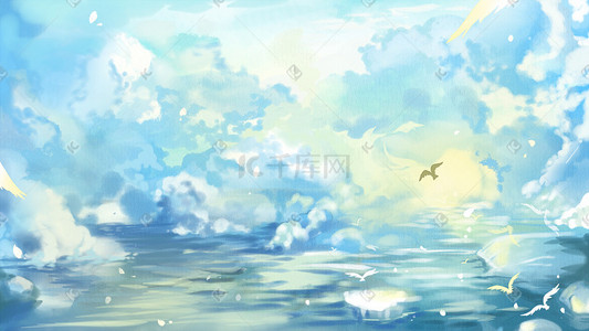 飞鸟插画图片_蓝色唯美卡通治愈云层海面广阔油画质感配图