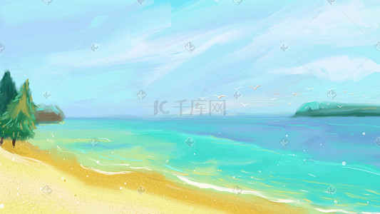 海边沙滩背景插画图片_油画风格蓝色海边沙滩美景