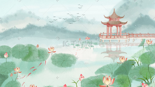 文字填充背景插画图片_中国风水墨背景荷塘