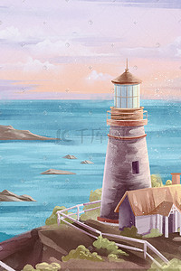 海边风格插画图片_蓝色梦幻水彩风格海边灯塔房屋