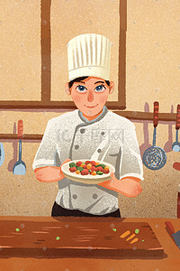 料理模板插画图片_噪点质感厨师职业形象厨房做菜料理