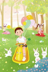 小兔子兔子插画图片_快乐六一儿童节森林小清新手绘插画六一