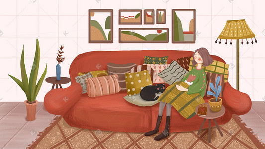 动物看书的插画图片_在沙发上睡着的主人与猫咪