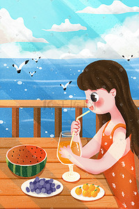 海风插画图片_大暑节气女孩喝饮料吹海风