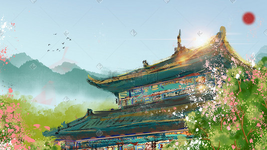 大气木纹插画图片_绿色系中国风古风大气古建筑山脉花丛背景