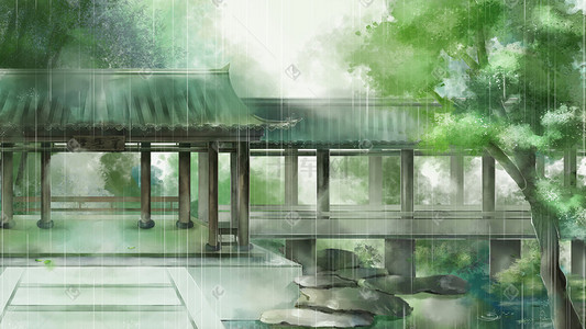 国画荔枝插画图片_夏季雨水清凉国画园林避暑山庄中国风场景