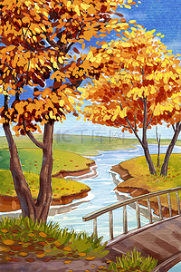 手绘伦敦塔桥插画图片_水彩手绘秋天叶子湖草地树叶树桥背景