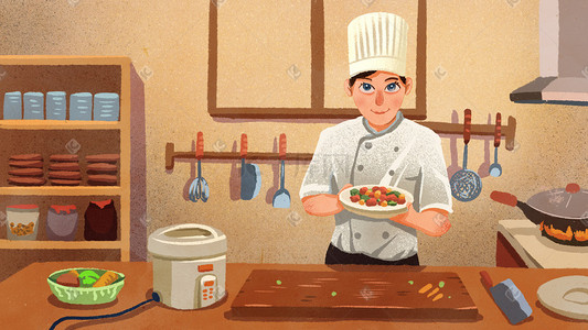 质感插画图片_噪点质感厨师职业形象厨房做菜料理