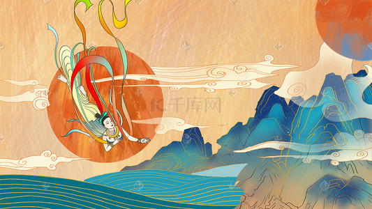 中式拱门复古插画图片_敦煌壁画飞天古代中国风复古古风工笔