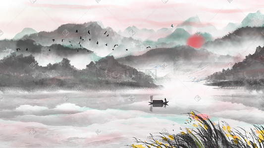 简约背景插画图片_中国风古风水墨山水江水船只插画背景