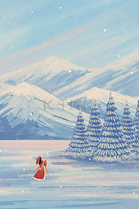 雪天步行插画图片_小雪主题之下雪天治愈系唯美场景