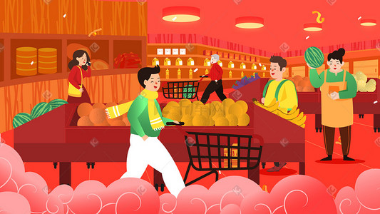新年2021促销插画图片_春节年货节场景背景超市中国风手机页面配图促销购物618