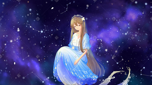 星座十二星座插画图片_深紫色唯美卡通清新十二星座双鱼座美女配图